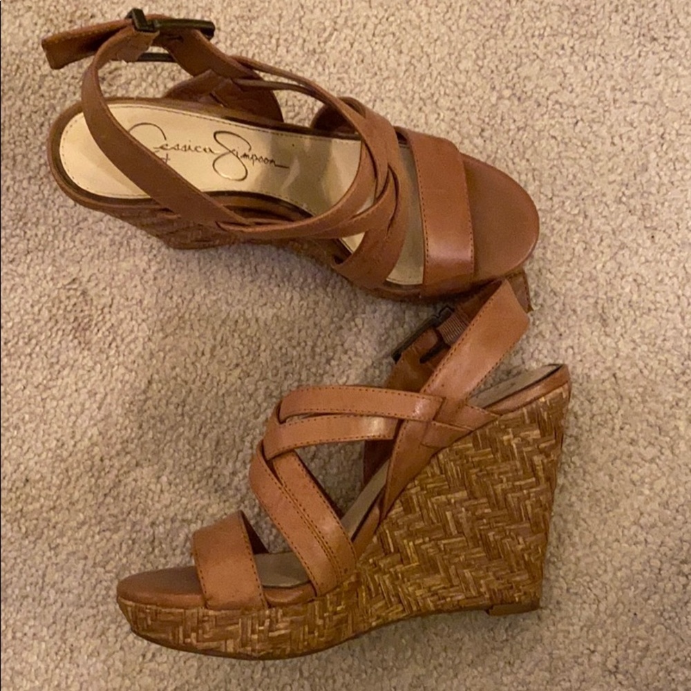 Jessica Simpson cognac strap wedges size 6